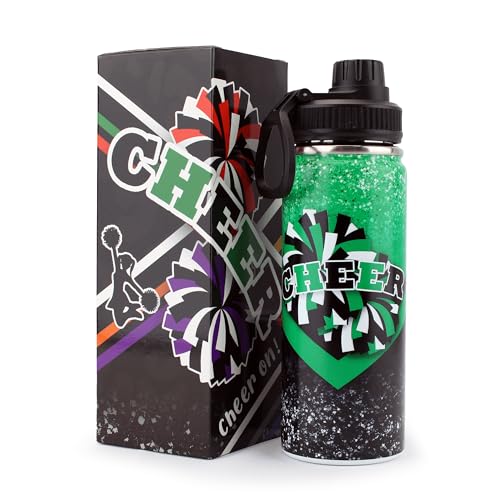 BMHHTM Cheer Water Bottle for Girls 18 oz Insulated Stainless Steel Sports Bottle with Handle Cheerleader Gift Bulk for Team Squad Gifts (Green Black)