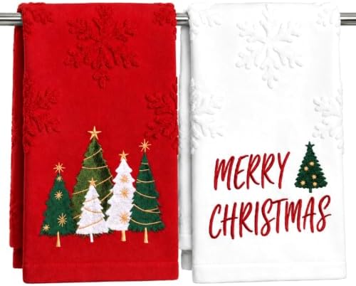 Tingjoo 2 Pcs Merry Christmas Hand Towels for Bathroom, Red,White
