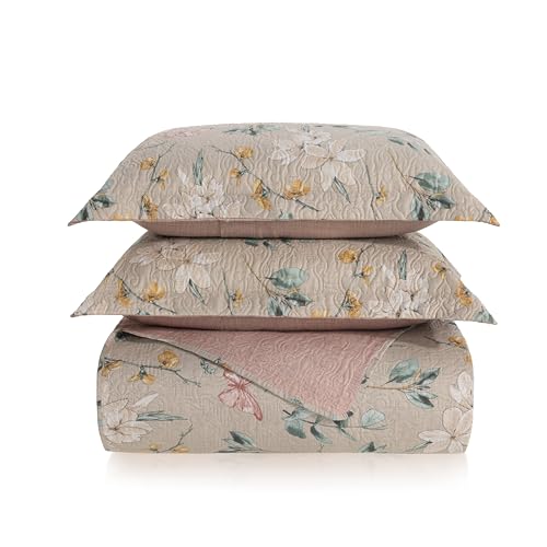 BEM CASA Kit Cobre Leito Colcha Boutis 3 Peças Matelado Ultrassônico Estampado Dupla Face Porta Travesseiro Aba Americana Micro Percal 150 Fios (Isabel Areia, Casal)