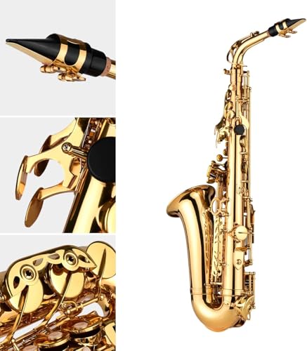 Saksofon tenorowy mosiężny korpus złoty lakier instrument dęty drewniany z futerałem, rękawiczkami, ściereczką do czyszczenia i paskami na szyję