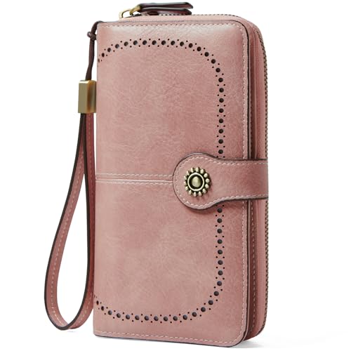 Womens Wallet For Women RFID Wallets Credit Card Holder for Women Blocking Leather Large Capacity Ladies Phone Clutch Travel Long Purse Wristlet Pink
