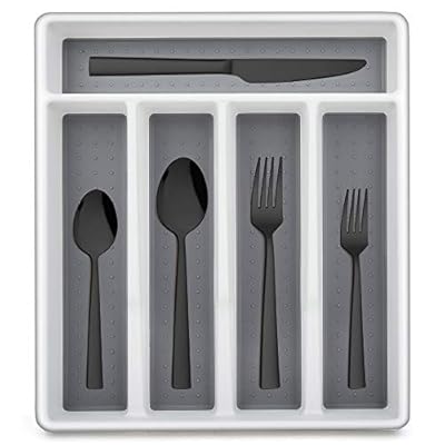 LIANYU 20-Piece Black Silverware Set with Tray, Stainless Steel Square Flatware Cutlery Set for 4, Black Eating Utensils for Home Restaurant, Dishwasher Safe, Mirror Finished