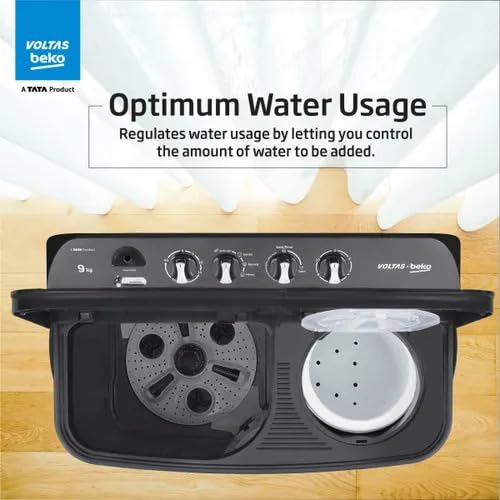 Image of Voltas Beko by A Tata Product 9 kg washing machine With Soft Closing door, Water proof IPX4 protection, Special Pulsator and Double Waterfall Semi Automatic Top Load Black, Grey (WTT90UDX /BKGR4KGTD)
