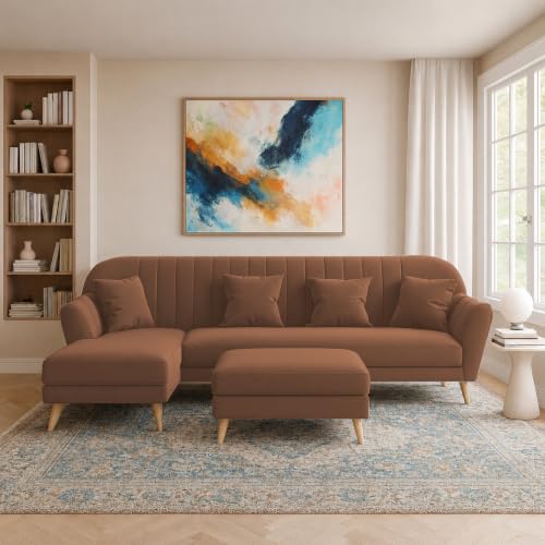 Image of Atticus LHS 6 Seater L Shape Sofa Set with Ottoman Living Room (Brown Colour Fabric) Premium Fabric Sofa Set for Living Room