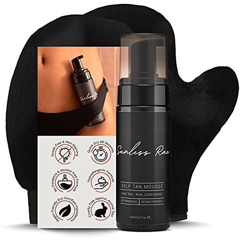 Sunless Rae Self Tanning Kit (Medium Tan), Natural Looking Fake Tan, Sunless Tanner Mousse, Applicator Mitt & Exfoliation Glove