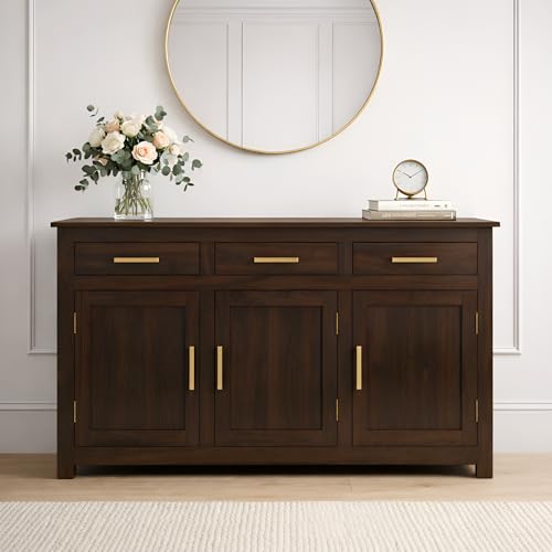 Image of SONA Art & Crafts Solid Sheesham Wood Sideboard Cabinet Storage Organizer for Home Kitchen Living Room & Bedroom Multi Shelves Hallway Dining Room Walnut Finish 145x45x90 CM