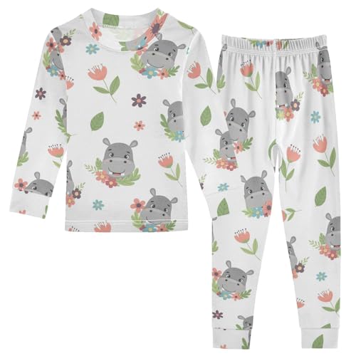 Pajama Sets Long Sleeve Cute Hippo Floral Pattern Soft Comfy Sleepwear 2 Piece PJS 3-8T