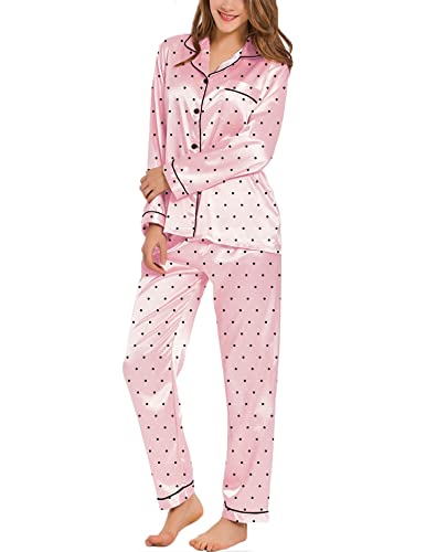Pyjama en satin rose à pois SWOMOG manches longues avec boutonnage pour femme taille 36