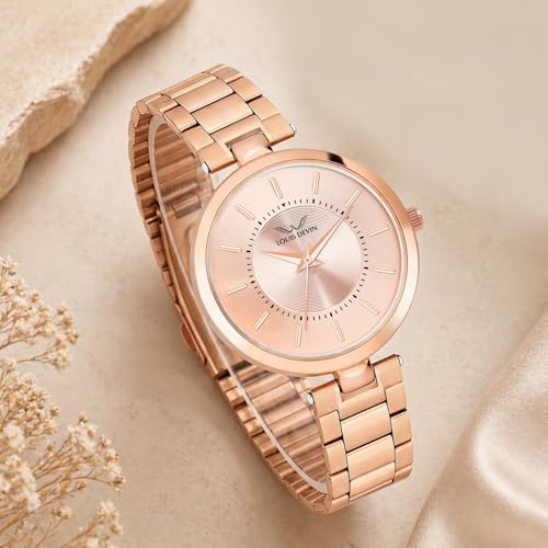 Image of LOUIS DEVIN Rose Gold Plated Metal Chain Analog Wrist Watch for Women (Rose Gold /Brown /Green Dial) | LD-ZL511