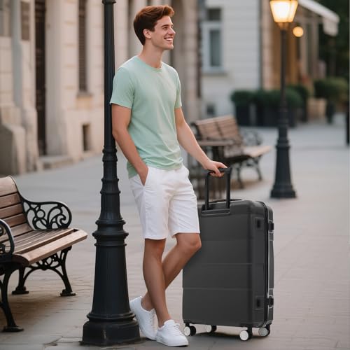 Hardshell Luggage Sets 3 Piece Double Spinner Wheels Suitcase with Handle Password Lock, Lightweight 20"+24"+28" Luggages (Charcoal+ABS)2