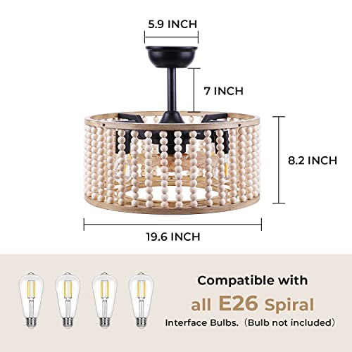Flanagan 20" Boho Ceiling Fans with Lights and Remote,Vintage fandelier,Beaded Ceiling Fan 6-Speed Speed Regulation Caged Ceiling Fan with Light for Porch,Patios,Kitchen,Bedroom(Bulbs Not Included)
