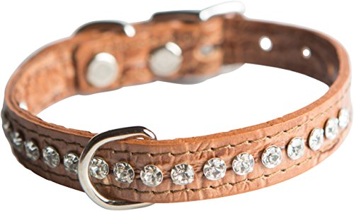 Image of Signature Leather Crystal Dog Collar, Mocha Crocodile Grain Leather, Fits 7.5 inch-9.5 inch Neck Size, 12 inch Overall Length
