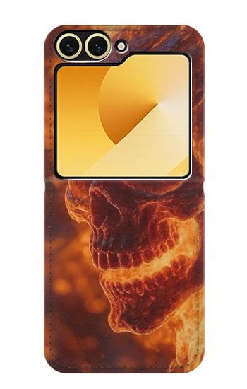 Housse cuir Samsung Galaxy Z Flip 6 Fire Skull, étui portefeuille premium avec rabat rigide