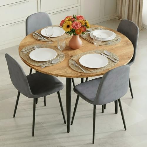 Image of FURNITO Wood Dining Table Set for 4, 42 inch-54 inch Round to Oval Extendable Table with 4 Linen Fabric Chairs, Space-Saving Contemporary Dining Room Set for Small Apartments or Kitchens, Easy Assembly