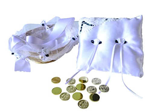 DOCOLASTRA Arras de la Vida en Color Dorado o Plateado Grabadada en el Reverso con Cesta y Cojin realizado a Mano por Nuestros Artesanos, para Todas Las Bodas y Enlaces.