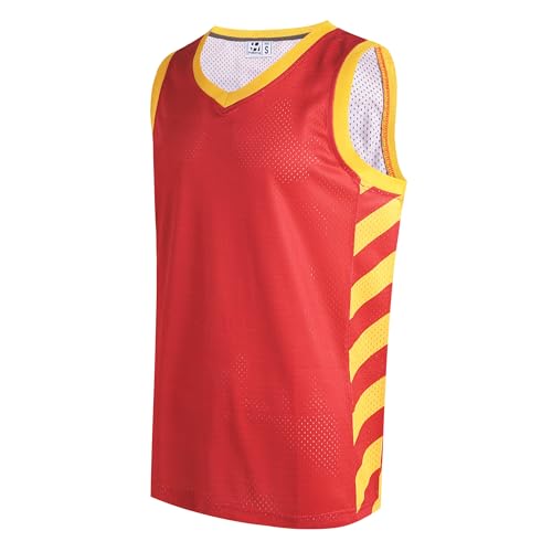 Pullonsy Men's Basketball Jersey Boys Girls Mesh Casual Hip-Hop Shirts Running Jogging Training Outfit Workout Gym Tank Tops Yellow Neck-Red Jersey,Men Size Large