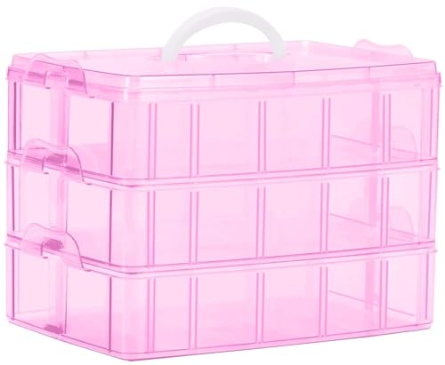 Image of 3-Tier 30 Sections Transparent Stackable Adjustable Compartment Slot Plastic Craft Storage Box Organizer for Toy Desktop Jewelry Accessory Drawer or Kitchen-Pink(30 Grid) Storage Box.