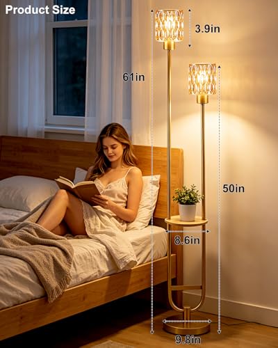 Image of Lightdot 2-Lights Modern Glass Floor Lamp with Shelf Gold Standing Tall Lamps with Amber Glass Shade for Wedding /Party,LED Floor Lamp with Foot Switch for Living Room Bedroom Home Decor