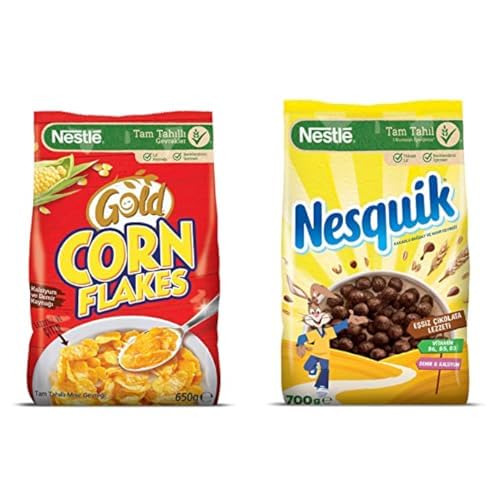 Nestlé Gold Corn Flakes Tam Tahıllı Mısır Gevreği 650 g ve Nesquik Nestle Kakaolu Buğday ve Mısır Gevreği, 700 g