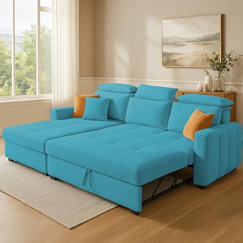 Image of Casaliving Gagnon LHS 4 Seater L Shape Corner Sofa Cum Bed for Living Room (Turquise Fabric) Premium Fabric Sofa