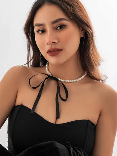Boho Pearl Bow Choker Necklace Black Long Ribbon Bow Collarbone Chain Vintage Pearl Beaded Choker Necklace Birthday Party Jewelry for Women (Black)4