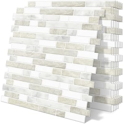 Tiwoos Thick Kitchen Backsplash 3D Peel and Stick Tile 12"x12" Self Adhesive Sticky Marble Tiles Bathroom Wall (10-Sheet?Beige White)