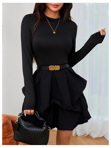 MakeMeChic Women's Long Sleeve Mini Dress Ruffle Hem Mock Neck A Line Fall Wedding Guest Short Dresses4