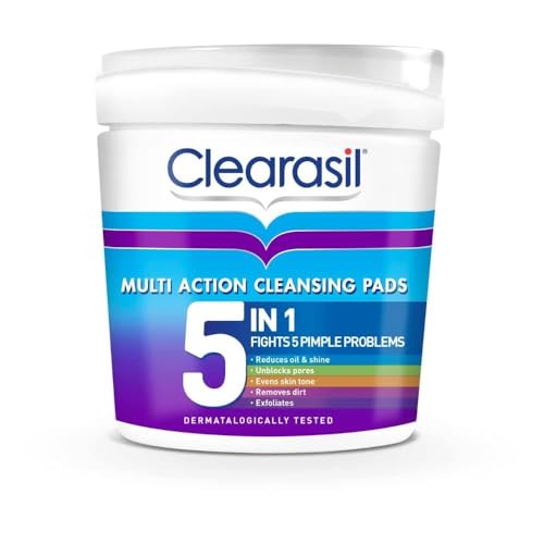 Clearasil Almohadillas de ácido salicílico ultra limpiadoras 5 en 1, exfoliante facial para piel propensa al acné, desbloquea poros, reduce puntos negros, espinillas y exceso de aceite, prevención