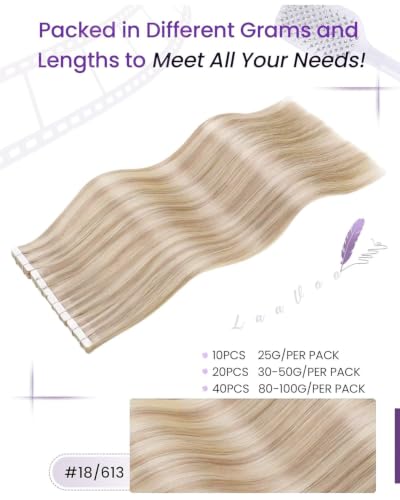 Image of LaaVoo Tape in Hair Extensions Light Ash Blonde Highlight Heat Resistant | 20Pcs, Tape in Extensions, Professional Salon Hair Extensions, Seamless, for Short Straight Hair, Effortless, 30G 12Inch