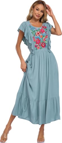 Image of Women's Summer Maxi Dress Casual Floral Embroidered Round Neck Short Sleeve Ruffle Tiered Dress Flowy Boho Beach Sundress