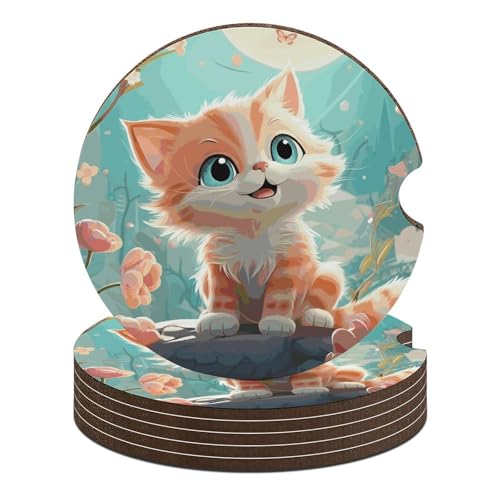 Dessous de verre pour voiture chats mignons en lot de 6 pièces de 6 cm antidérapants