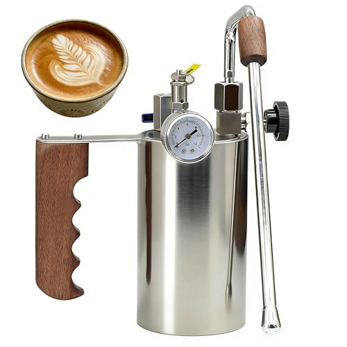 Máquina de espuma de café, espumador de leche comercial con medidor de presión de aire y mango de madera para latte, capuchinos y chocolate caliente, capacidad de 100-500 ml