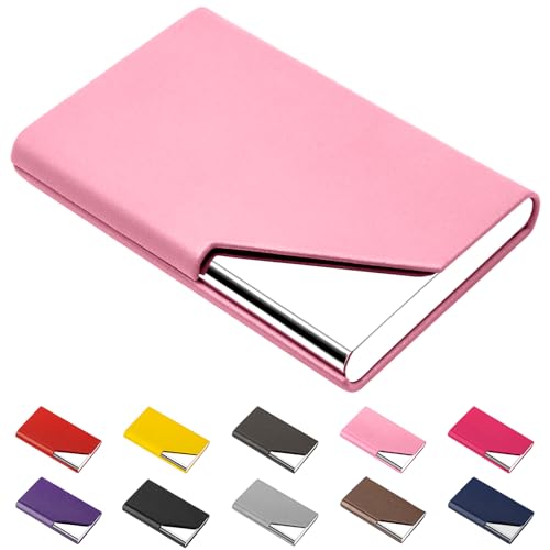 Image of Padike Business Card Holder, PU Leather & Stainless Steel Multi Card Case for Men & Women, Name Card Holder, Credit Card Wallet, ID Case /Holder with Magnetic Closure (Pink)