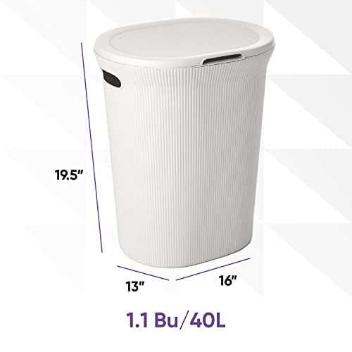Image of Superio Ribbed Collection - Decorative Plastic Laundry Hamper with Lid and Cut-Out Handles, White (1 Pack) Basket Organzier for Bedroom Bathroom College Dorm Room 40 Liter