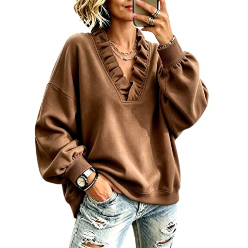 Oversized Sweatshirts for Women V Neck Ruffle Fleece Sweatshirt Fall - image 1