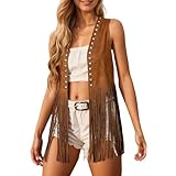 Disfraz Hippie Mujer Chaleco de Flecos para Weste Gamuza Sintética sin Mangas con Borlas Chaqueta Estilo Bohemio Occidental CáRdigan Los Años 70