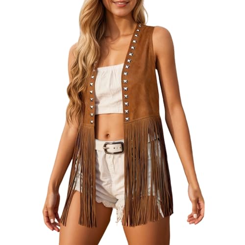 Disfraz Hippie Mujer Chaleco de Flecos para Weste Gamuza Sintética sin Mangas con Borlas Chaqueta Estilo Bohemio Occidental CáRdigan Los Años 70