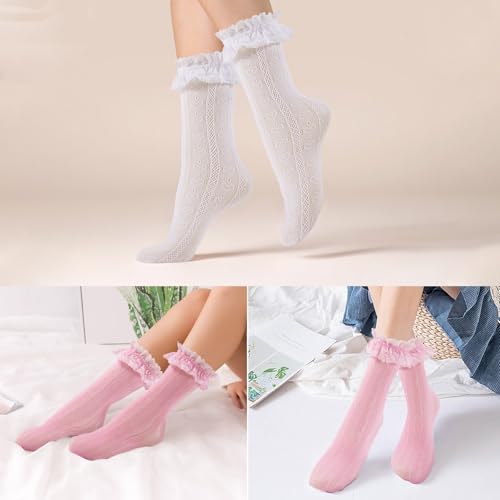 Image of Women Lace Ruffle Socks White Black Frilly Lolita Crew Dress Socks | Womens Ankle Lacy Ruffled Socks Adult Cute Soft Cotton Thin Sexy Mesh Lace Trim 80s Casual Church Socks for Ladies Big Girls