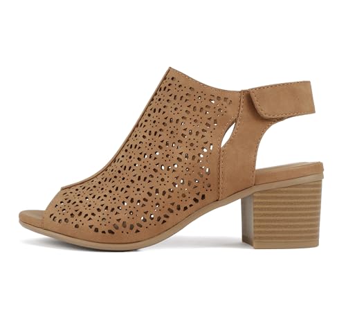 Image of CITYCLASSIFIED inchElect inch ~ Women's Peep Toe Laser Cut Geometric Caged Slingback Ankle Strap Low Stacked Heel Ankle Bootie
