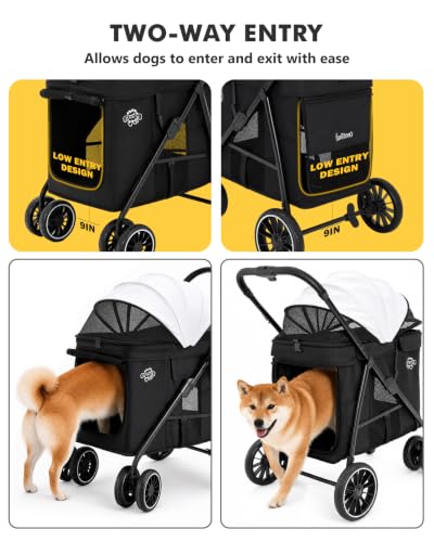 Image of Dog Stroller for Medium Dogs, 4 Wheels Pet Stroller for 2 Small Dogs or 1 Medium Dogs, Cat Stroller Up to 80 lbs, Dual Entry Design, Foldable Design, Sun Shades, Breathable Mesh, Black