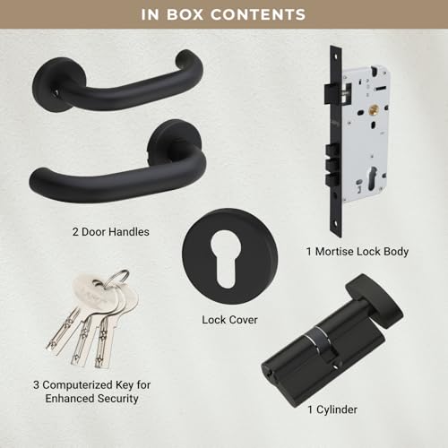 Image of LAPO Mortise Door Lock for Home Main Door & Bedroom with Handle - Left-Right Fit 30-50mm Door Home Office Hotel - Heavy-Duty 70mm Cylinder - 50x85mm Body - 3 Brass Keys |Black Finish | CMH-6T