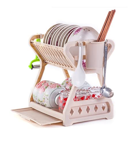 Escurridor de platos de 2 niveles GXNRHG de plástico rosa con soporte para cubiertos lateral