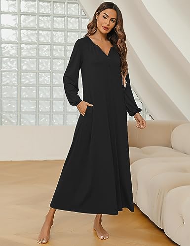 Marvmys Womens Cotton Long Sleeve Nightgown Long Sleepshirts Full Length Henley Sleep Dress with Pockets3