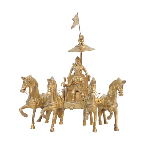 Image of Arjuna Rath Geeta Mahabharat Chariot with Krishna Ji and Hanuman Ji Brass Statue | 7 Inch | Vastu Remedy | Vastu Pital Showpiece | Decorative Arjuna Rath with Four Horses