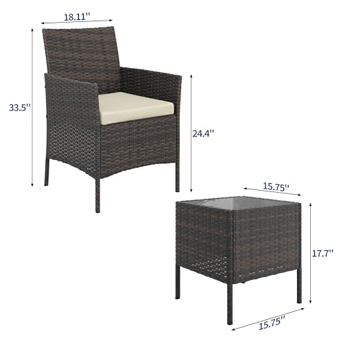 Image of GAOMON 3-Piece Patio Furniture Set, Modern PE Rattan Conversation Set with 2 Chairs & Tempered Glass Coffee Table, All-Weather Outdoor Seating for Garden, Porch, Balcony, Poolside