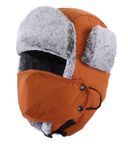 Home Prefer Men's Trapper Hat with Face Mask Faux Fur Trooper Trapper Hat for Men Winter Ushanka Hunting Hat (US, Alpha, One Size, Caramel)