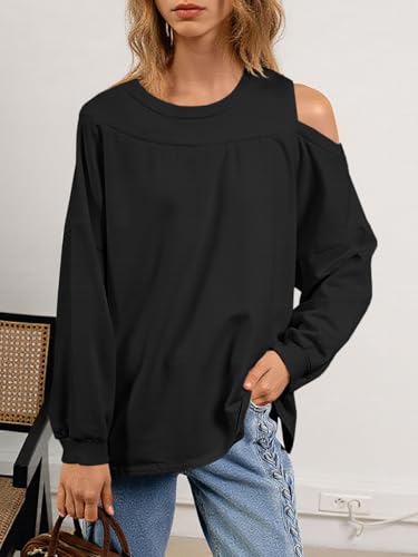 Fisoew Womens Cold Shoulder Tops Casual Long Sleeve Crewneck Basic Loose Fall Fashion T Shirts3