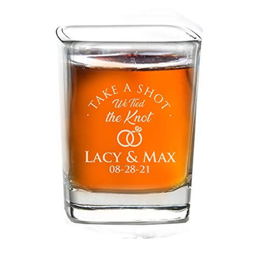Personalized Shot Glass Wedding Favors - Custom Engraved Take a Shot We Tied the Knot Shot Glasses, Gift for Guests, Couples, Engagement (50)