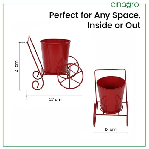 Image of CINAGRO Metal Wagon Planter, Red Pram Rickshaw-Shaped Metal Plant Stand for Indoor & Outdoor Use, 2 Wheel Pot Stand, Flower Vase, Decorative Iron Pot Holder for Flowers & Ornaments, 27 x 13 x 21 cm