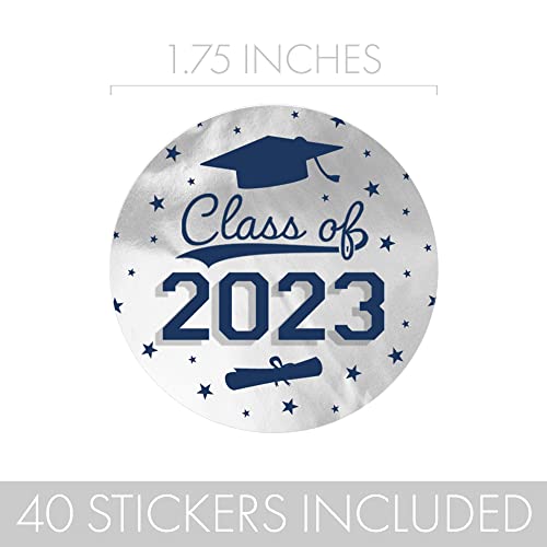 Graduation Class Of 2023 Party Favor Stickers, Graduation Stickers For Envelopes, Bag Seals - 1.75 In. Round - 40 Labels (Silver Blue) #TOP2